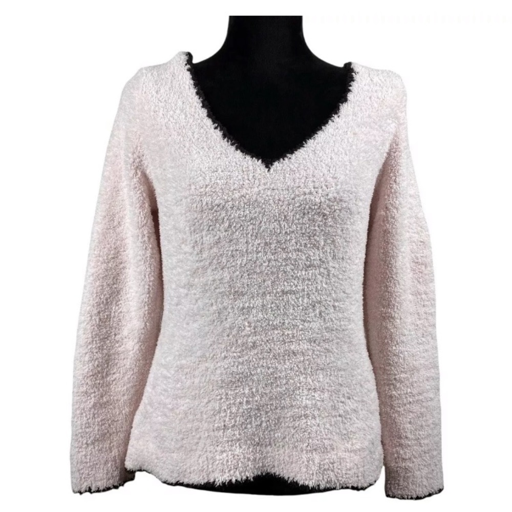 Barefoot Dreams Women's Medium CozyChic Sweater Pink & Black V-neck
